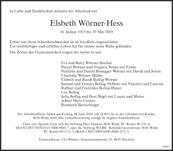 Traueranzeige von Elsbeth Wörner-Hess von ZO Gesamt