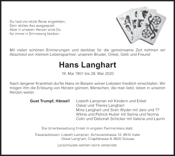 Traueranzeige von Hans Langhart von ZO solo