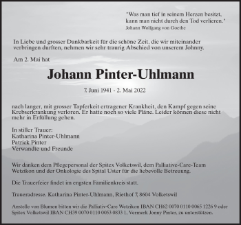 Traueranzeige von Johann Pinter-Uhlmann von AvU