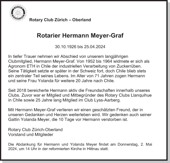 Traueranzeige von Rotarier Hermann Meyer-Graf von AvU
