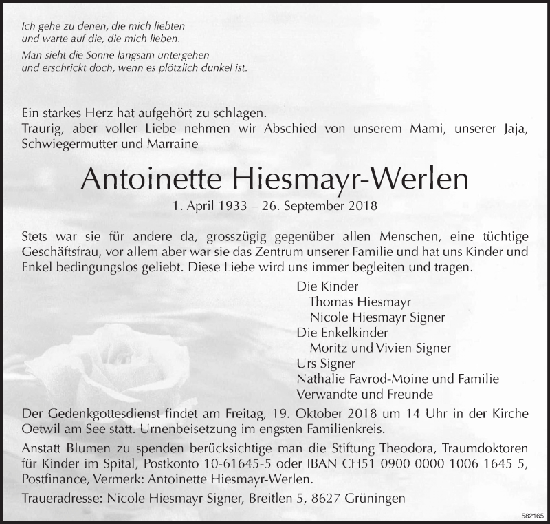  Traueranzeige für Antoinette Hiesmayr-Werlen vom 03.10.2018 aus ZO Gesamt