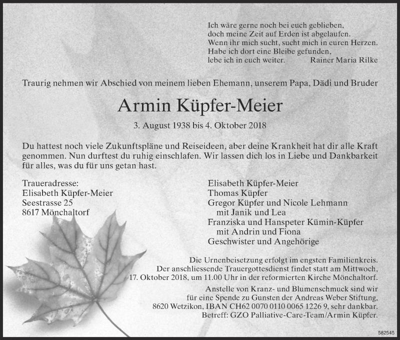  Traueranzeige für Armin Küpfer-Meier vom 10.10.2018 aus ZO Gesamt