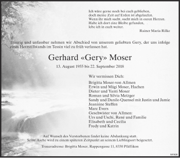 Traueranzeige von Gerhard Moser von ZO Gesamt