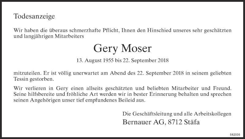  Traueranzeige für Gery Moser vom 03.10.2018 aus ZO Gesamt