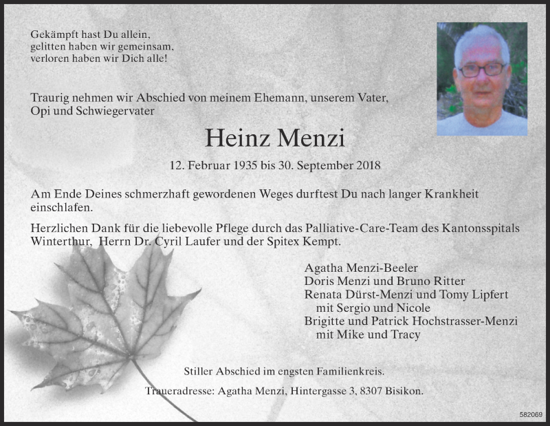  Traueranzeige für Heinz Menzi vom 04.10.2018 aus reg_1