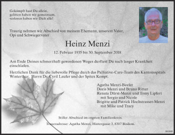 Traueranzeige von Heinz Menzi von reg_1