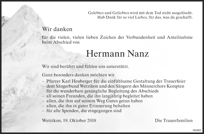  Traueranzeige für Hermann Nanz vom 24.10.2018 aus ZO Gesamt