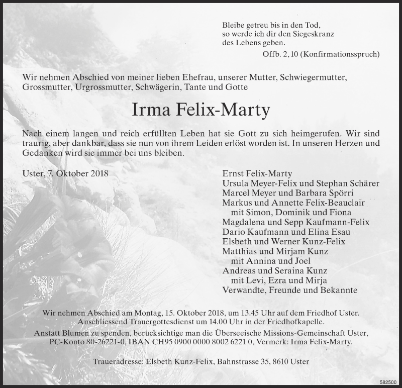  Traueranzeige für Irma Felix-Marty vom 10.10.2018 aus ZO Gesamt