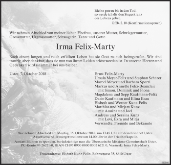 Traueranzeige von Irma Felix-Marty von ZO Gesamt