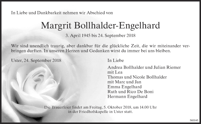 Traueranzeige für Margrit Bollhalder-Engelhard vom 03.10.2018 aus ZO Gesamt