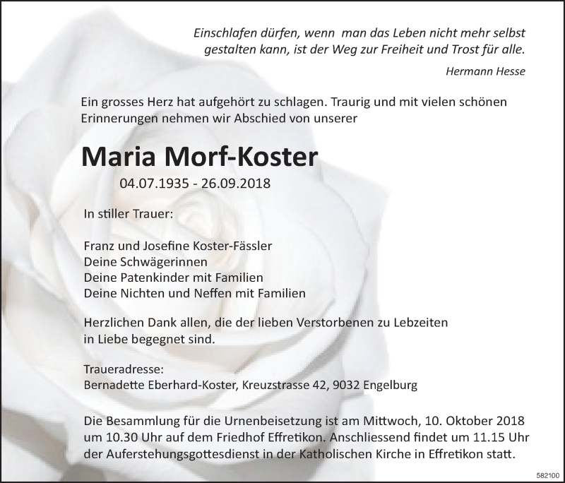  Traueranzeige für Maria Morf-Koster vom 03.10.2018 aus ZO Gesamt