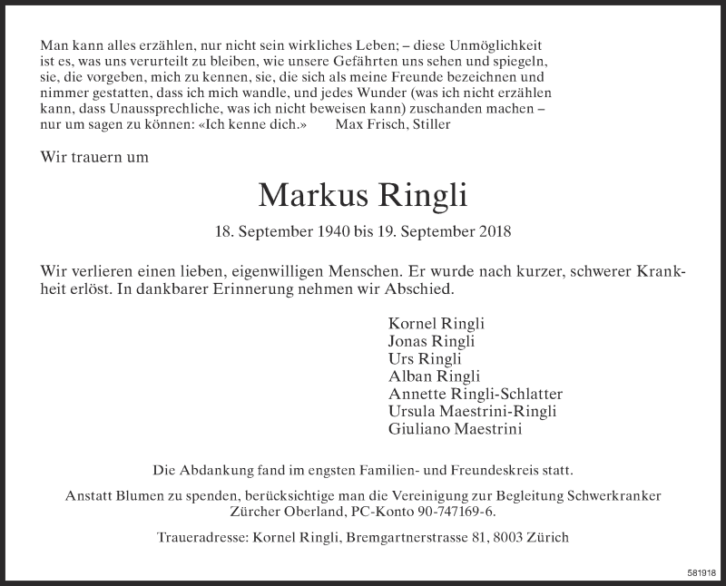  Traueranzeige für Markus Ringli vom 04.10.2018 aus ZO Gesamt