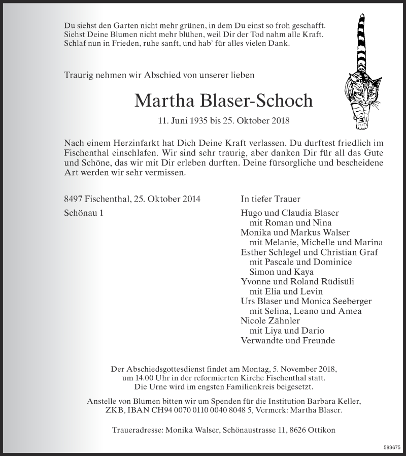  Traueranzeige für Martha Blaser-Schoch vom 30.10.2018 aus ZO Gesamt