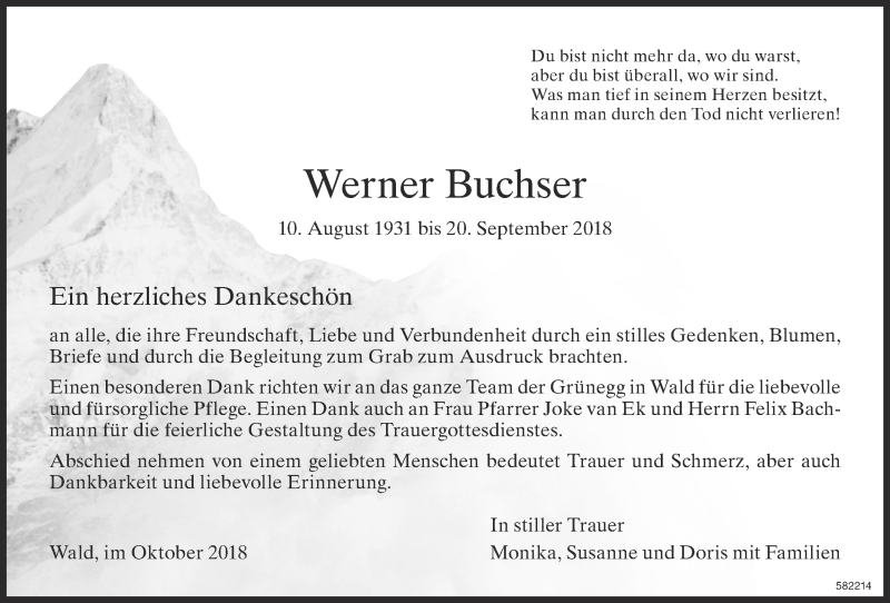  Traueranzeige für Werner Buchser vom 17.10.2018 aus ZO Gesamt