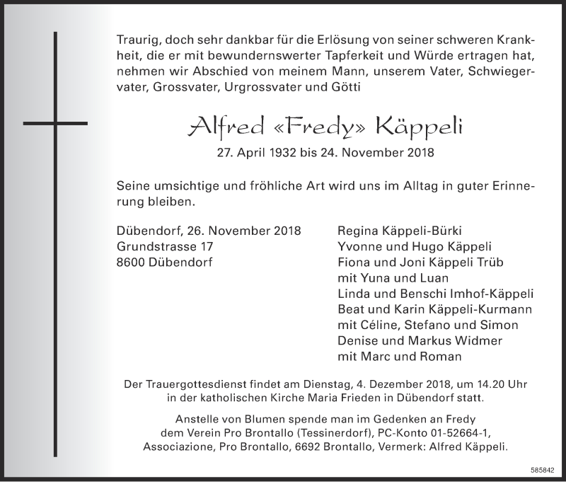  Traueranzeige für Alfred Käppeli vom 30.11.2018 aus Glattaler