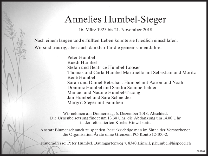  Traueranzeige für Annelies Humbel-Steger vom 28.11.2018 aus ZO Gesamt