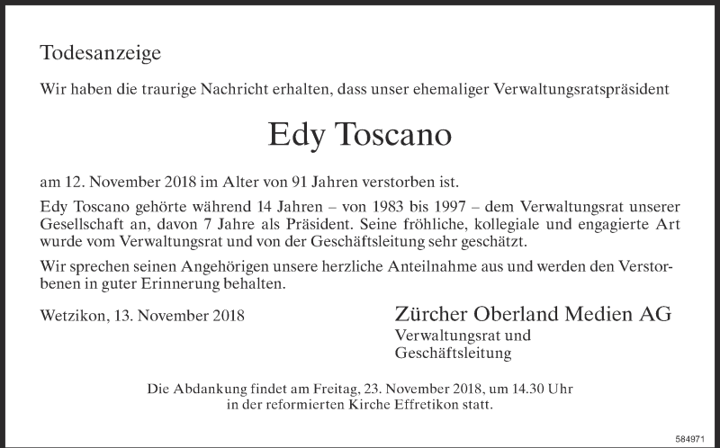  Traueranzeige für Edy Toscano vom 15.11.2018 aus ZO Gesamt