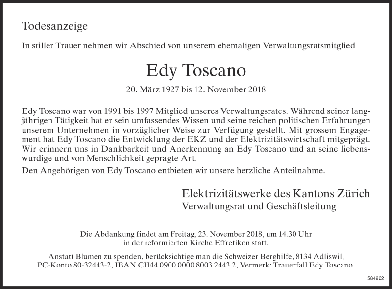  Traueranzeige für Edy Toscano vom 15.11.2018 aus ZO Gesamt