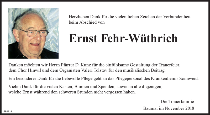  Traueranzeige für Ernst Fehr-Wüthrich vom 07.11.2018 aus ZO Gesamt