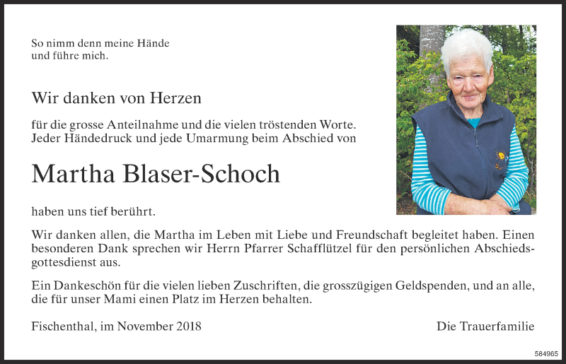  Traueranzeige für Martha Blaser-Schoch vom 16.11.2018 aus ZO Gesamt
