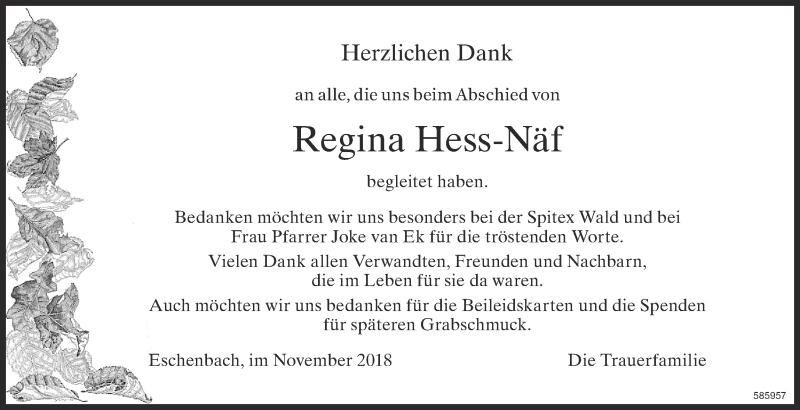 Traueranzeige für Regina Hess-Näf vom 29.11.2018 aus ZO Gesamt