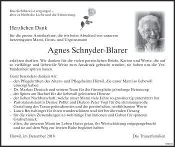Traueranzeige von Agnes Schnyder-Blarer von ZO Gesamt
