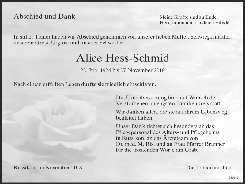 Traueranzeige für Alice Hess-Schmid vom 10.12.2018 aus ZO Gesamt