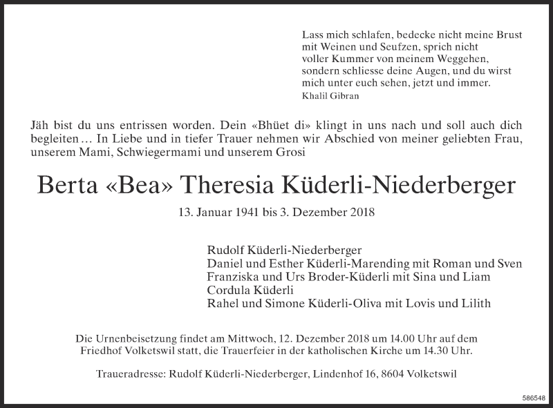 Traueranzeige für Berta Theresia Küderli-Niederberger vom 07.12.2018 aus ZO Gesamt