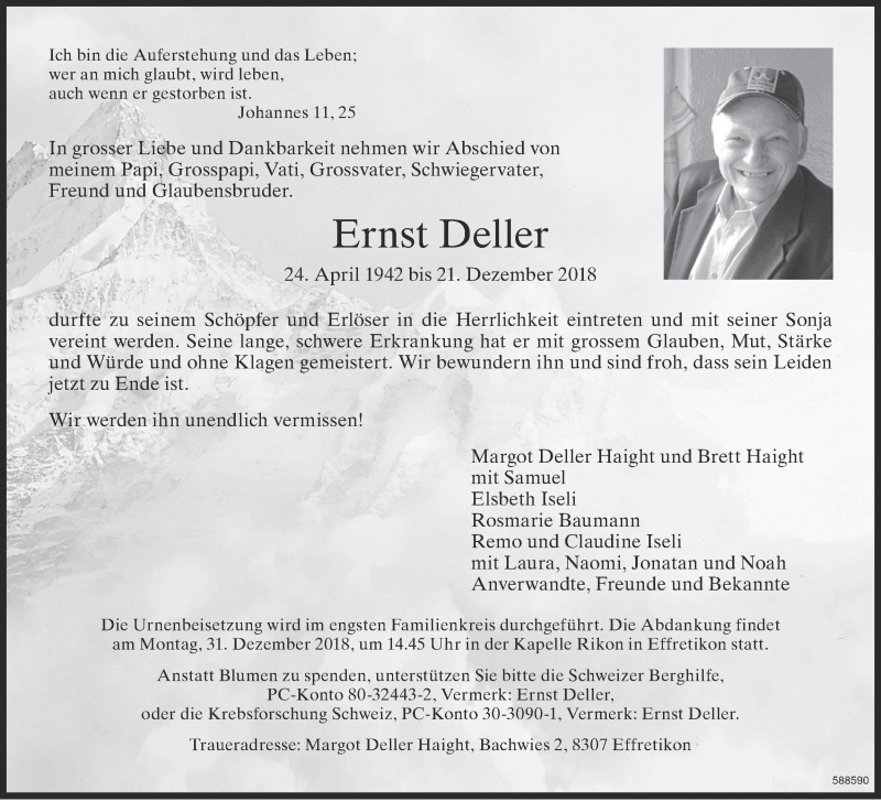 Traueranzeige für Ernst Deller vom 28.12.2018 aus reg_12345