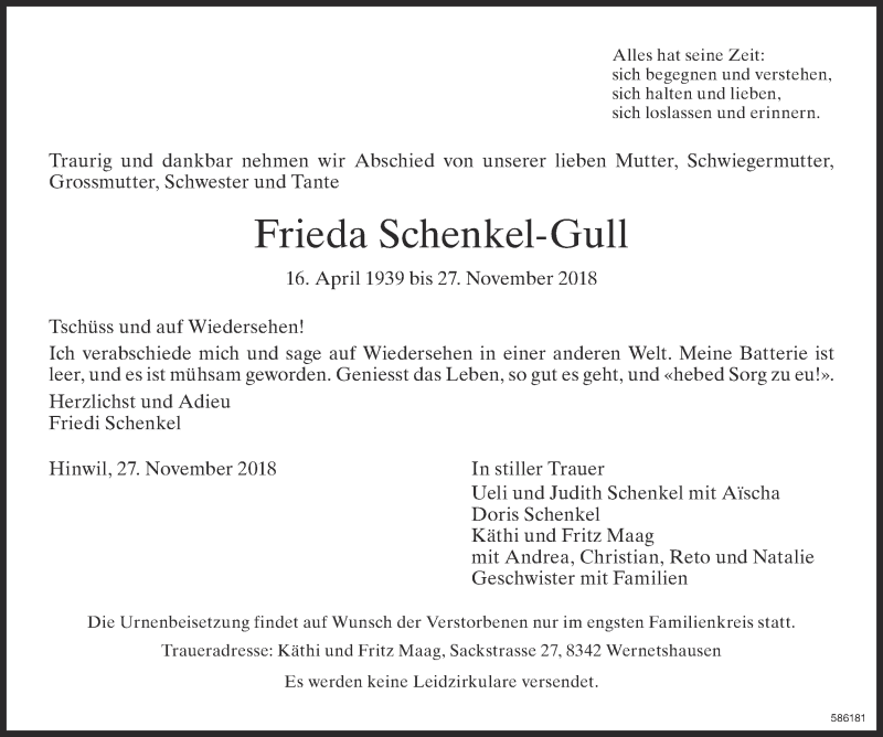  Traueranzeige für Frieda Schenkel-Gull vom 07.12.2018 aus Glattaler