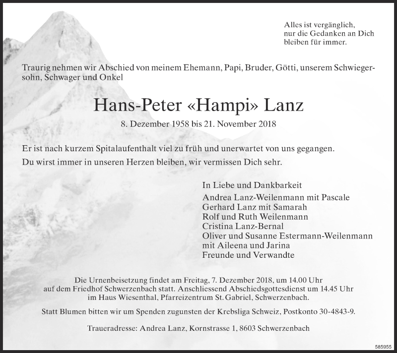  Traueranzeige für Hans-Peter Lanz vom 05.12.2018 aus ZO Gesamt