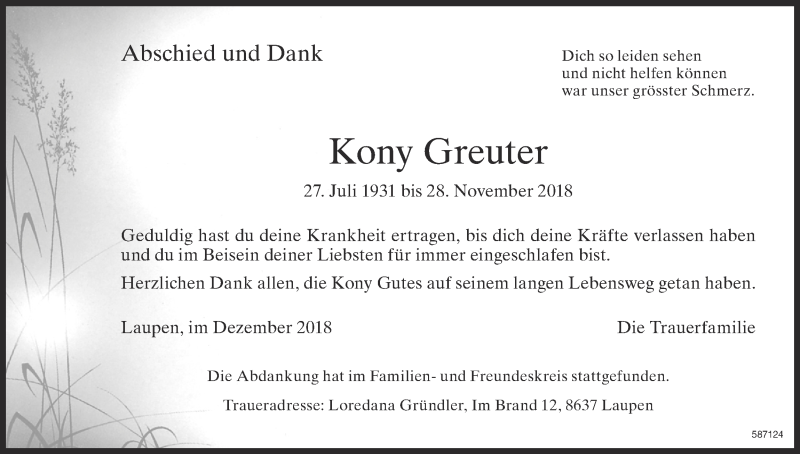  Traueranzeige für Kony Greuter vom 17.12.2018 aus ZO Gesamt