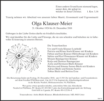 Traueranzeige von Olga Klauser-Meier von ZO Gesamt