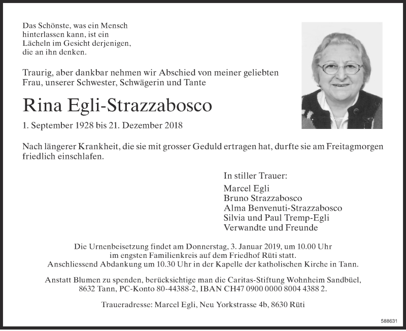  Traueranzeige für Rina Egli-Strazzabosco vom 27.12.2018 aus ZO Gesamt