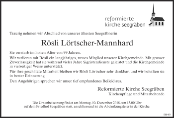 Traueranzeige von Rösli Lörtscher-Mannhard von ZO Gesamt