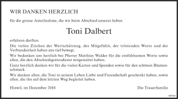 Traueranzeige von Toni Dalbert von ZO Gesamt