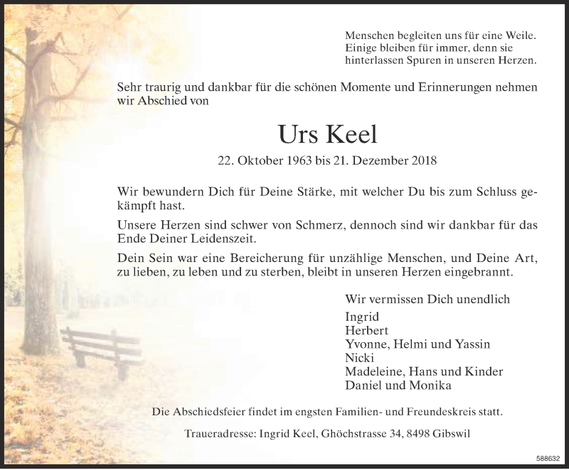  Traueranzeige für Urs Keel vom 27.12.2018 aus ZO Gesamt