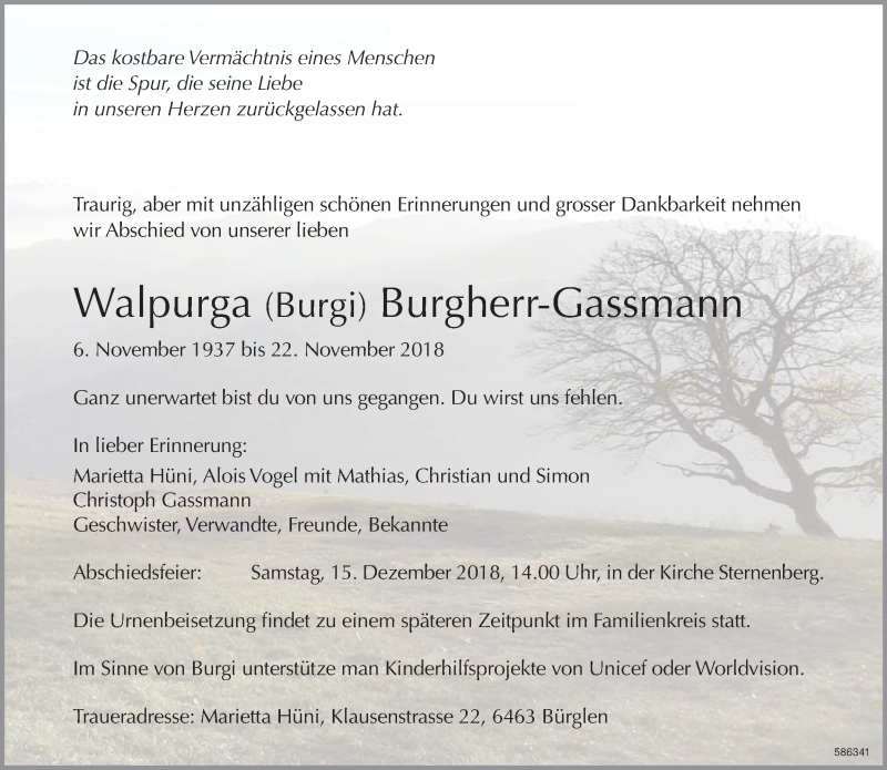  Traueranzeige für Walpurga Burgherr-Gassmann vom 06.12.2018 aus ZO Gesamt