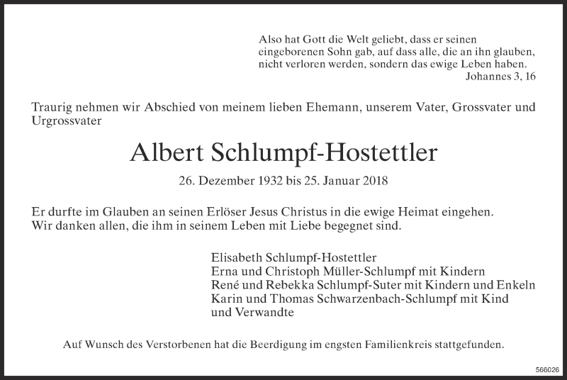  Traueranzeige für Albert Schlumpf-Hostettler vom 05.02.2018 aus ZO Gesamt