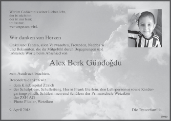 Traueranzeige von Alex Berk Gündogdu von ZO Gesamt