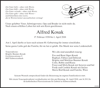 Traueranzeige von Alfred Kosak von Glattaler