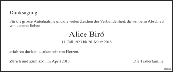 Traueranzeige von Alice Biró von Glattaler