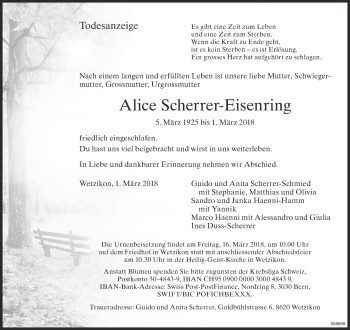 Traueranzeige von Alice Scherrer-Eisenring von ZO Gesamt