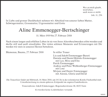 Traueranzeige von Aline Emmenegger-Bertschinger von www.zo-trauer.ch