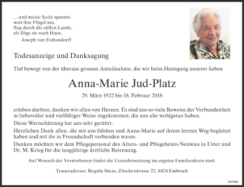 Traueranzeige von Anna-Marie Jud-Platz von ZO Gesamt