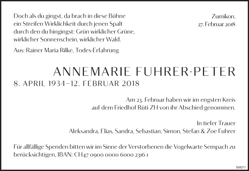  Traueranzeige für Annemarie Fuhrer-Peter vom 03.03.2018 aus ZO Gesamt