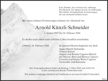 Traueranzeige von Arnold Künzli-Schneider von ZO Gesamt