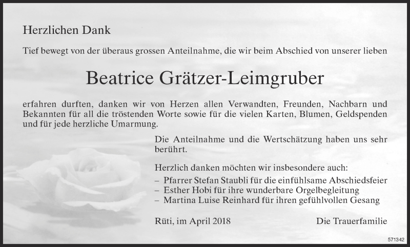  Traueranzeige für Beatrice Grätzer-Leimgruber vom 11.04.2018 aus ZO Gesamt