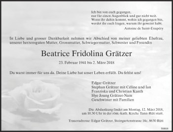 Traueranzeige von Beatrice Fridolina Grätzer von www.zo-trauer.ch