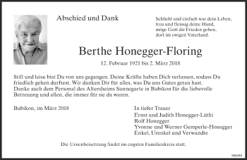 Traueranzeige von Berthe Honegger-Floring von www.zo-trauer.ch